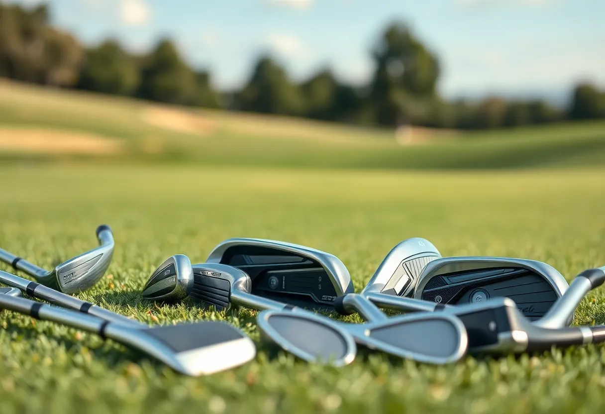 A selection of golf irons suitable for seniors displayed on a golf course.