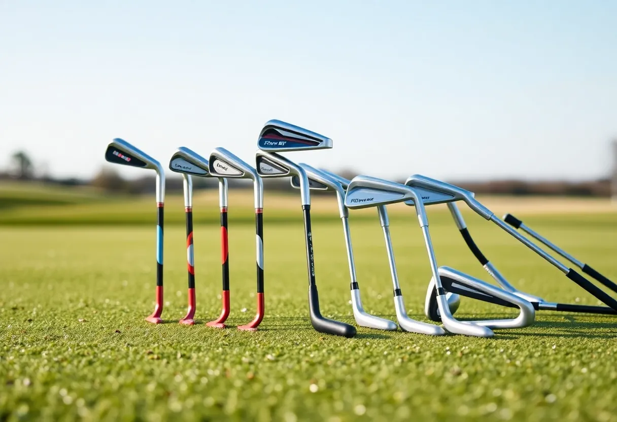 Assortment of women's golf irons in different designs and colors.