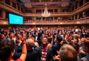 A celebration event honoring public service with awards being presented.