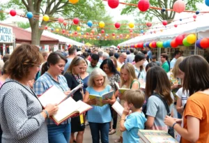 A vibrant scene from the Boston Book Festival with authors and participants
