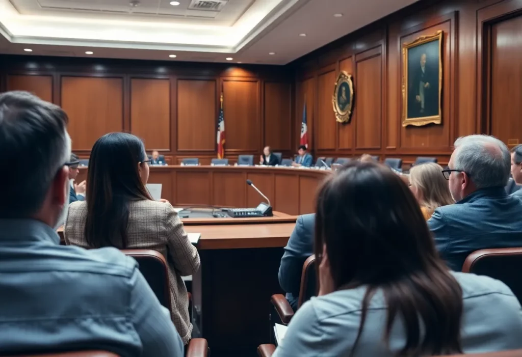 Illustration of a city council meeting discussing employment issues.