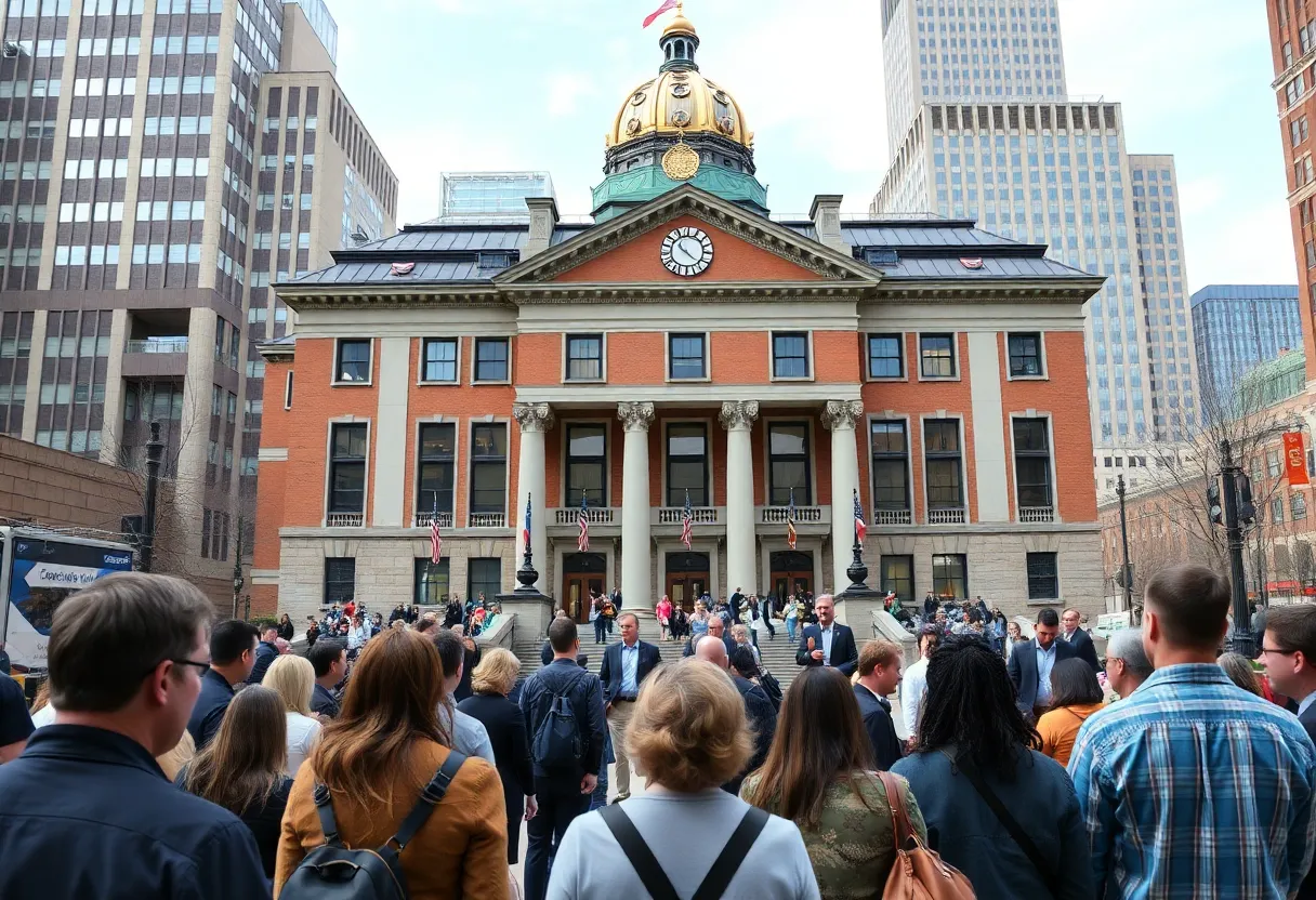 City Hall in Boston with engaged community members.