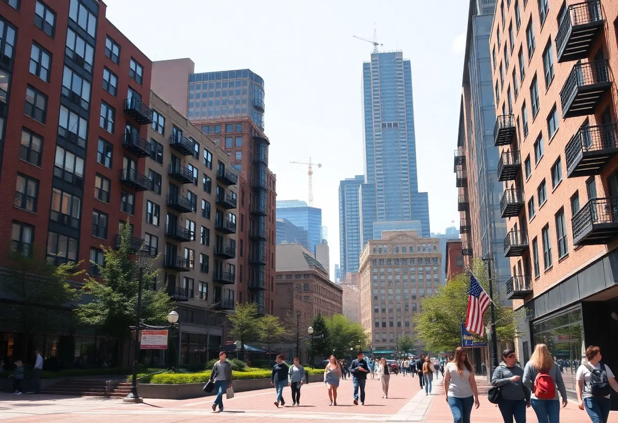 View of Boston city with several apartment buildings and students walking