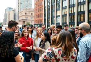 Diverse group of social media influencers networking at the Boston Content Creator Summit in an urban setting