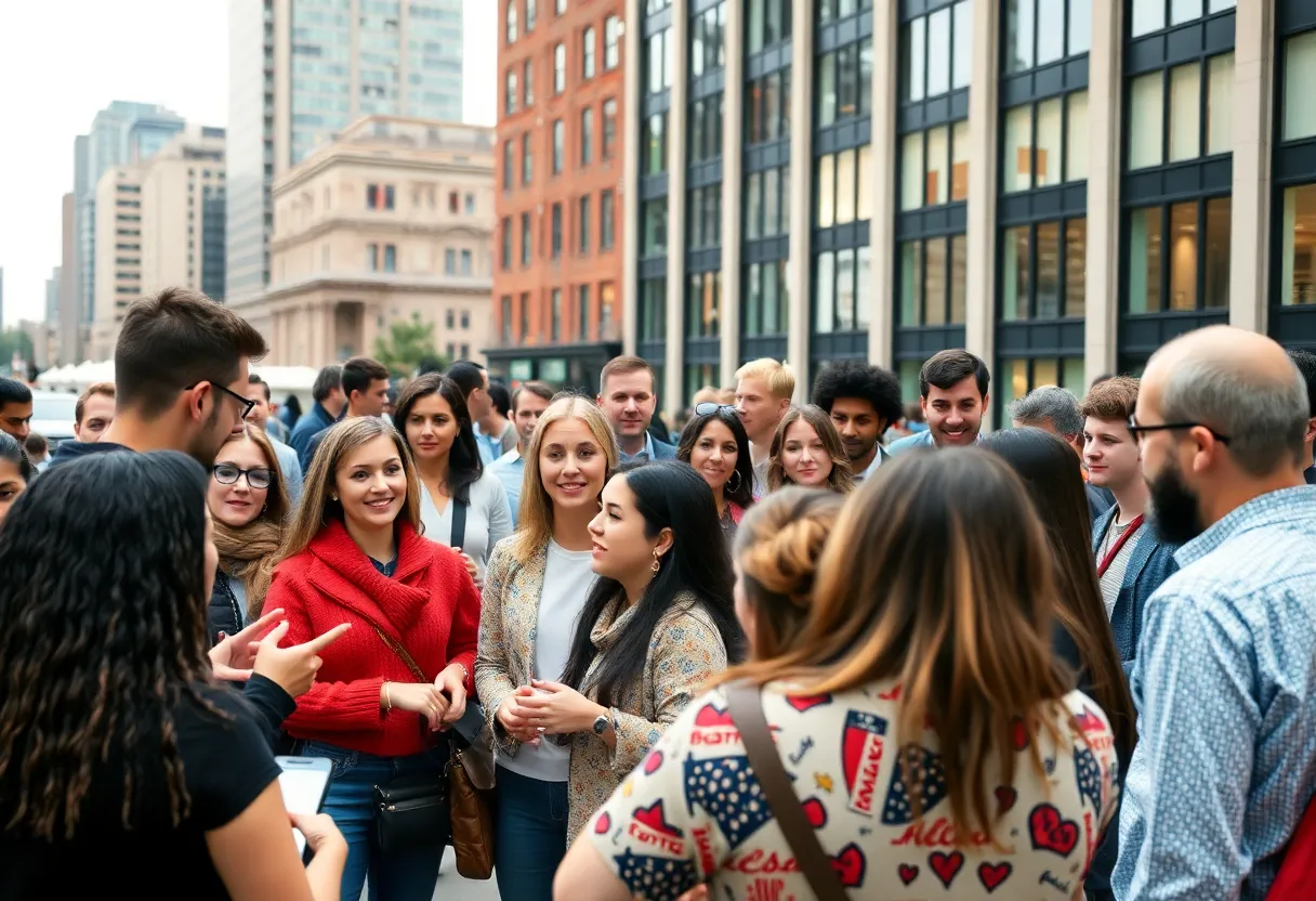 Diverse group of social media influencers networking at the Boston Content Creator Summit in an urban setting