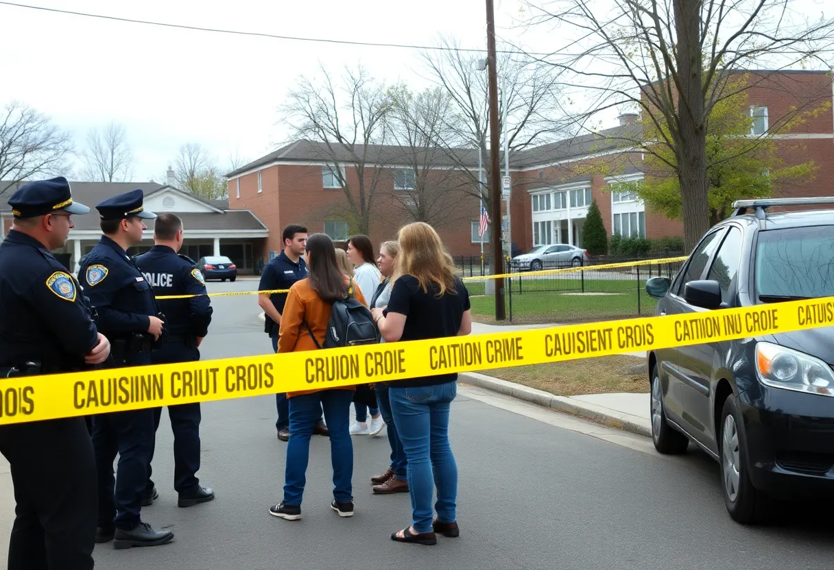 Police officers talking to students outside Boston Day & Evening Academy