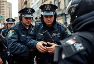 Police officers making an arrest in Boston with evidence displayed