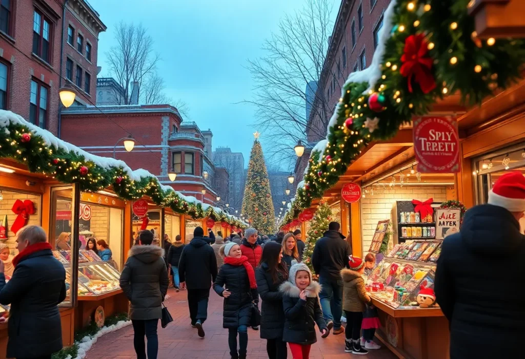 Families enjoying a holiday market in Boston with festive decorations.