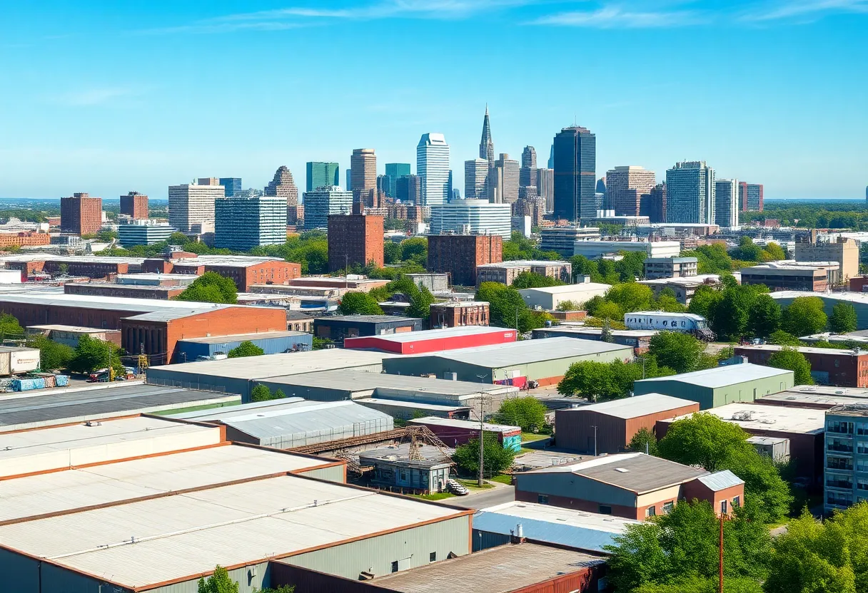 Aerial view of Boston's industrial real estate area with warehouses and buildings.