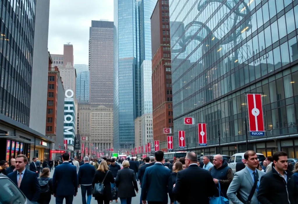Boston cityscape illustrating the job market challenges with diverse individuals.