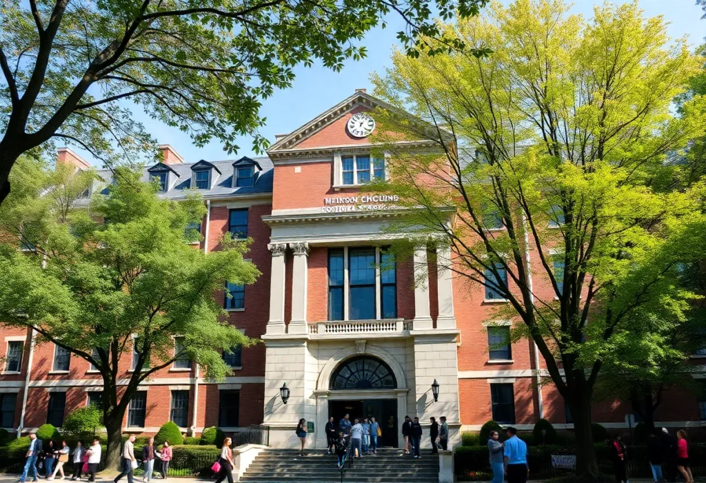 Historic view of Boston Latin School with students