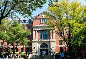 Historic view of Boston Latin School with students