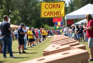 Participants and spectators at the Boston charity cornhole tournament