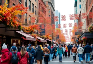 Scene of Boston during October with autumn leaves and people celebrating at a festival