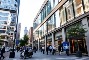 Modern office buildings in Boston with professionals at work