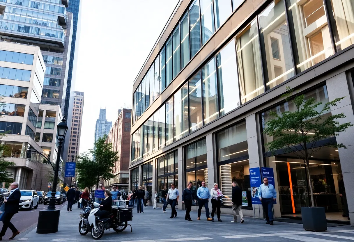 Modern office buildings in Boston with professionals at work
