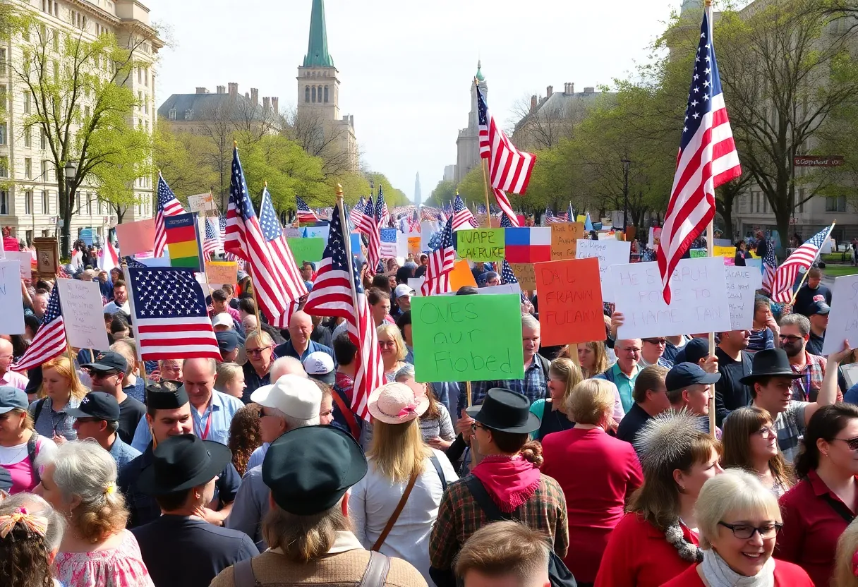 Crowd gathered at Boston Common holding flags and signs during a protest