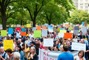 Large crowd at a Boston protest holding signs