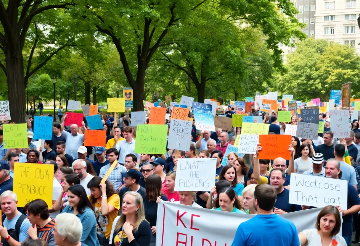 Large crowd at a Boston protest holding signs