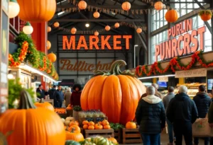 Celebration at Boston Public Market with giant pumpkin centerpiece and food vendors