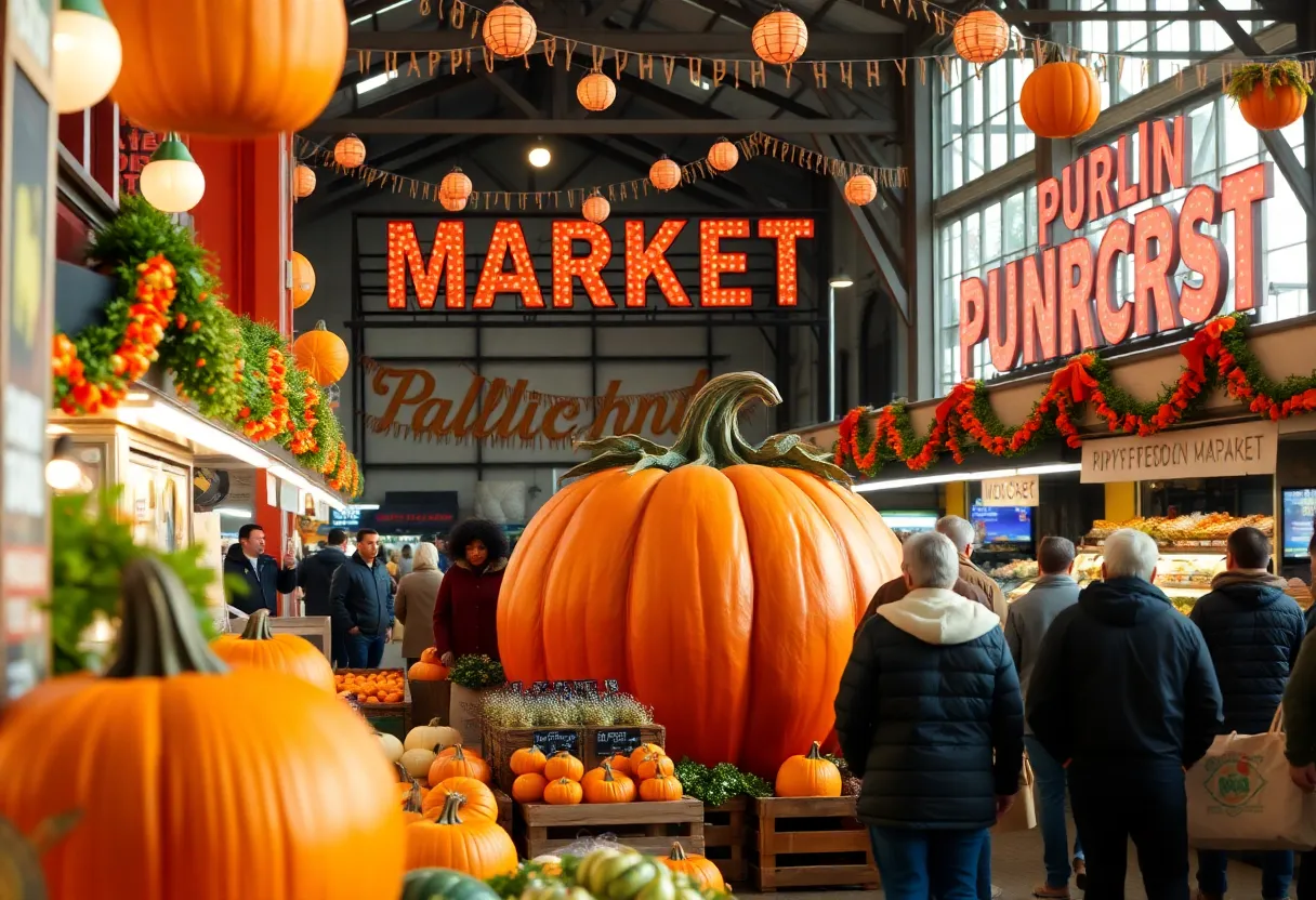 Celebration at Boston Public Market with giant pumpkin centerpiece and food vendors