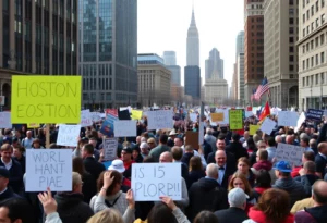 Crowd at Boston rally holding protest signs