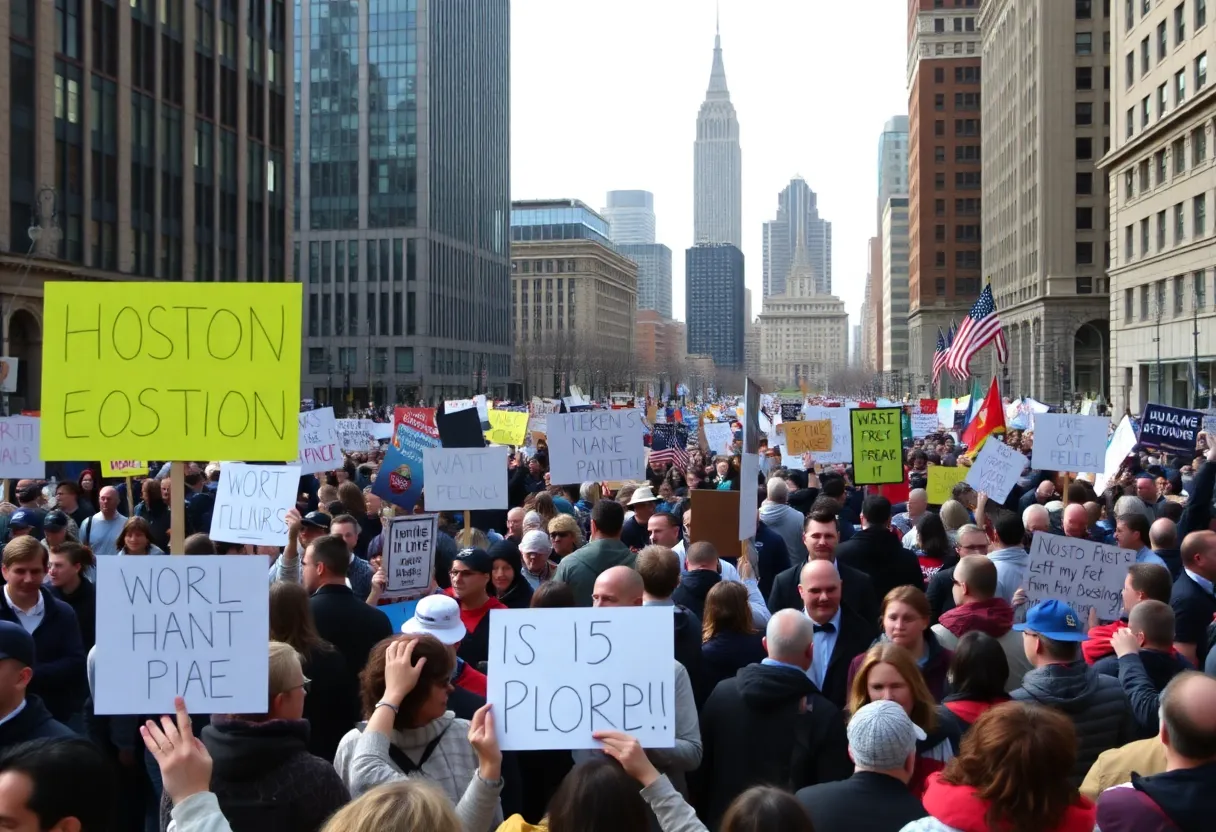Crowd at Boston rally holding protest signs