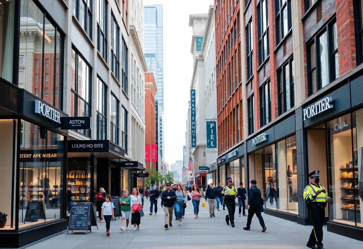A bustling shopping area in Boston with luxury retail stores.