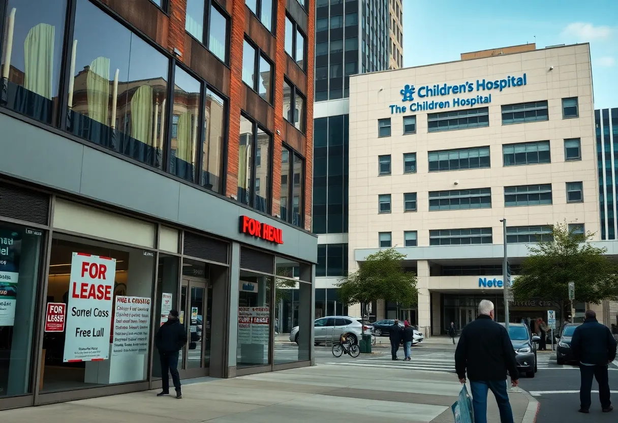 Closed retail stores in Boston with a nearby hospital building