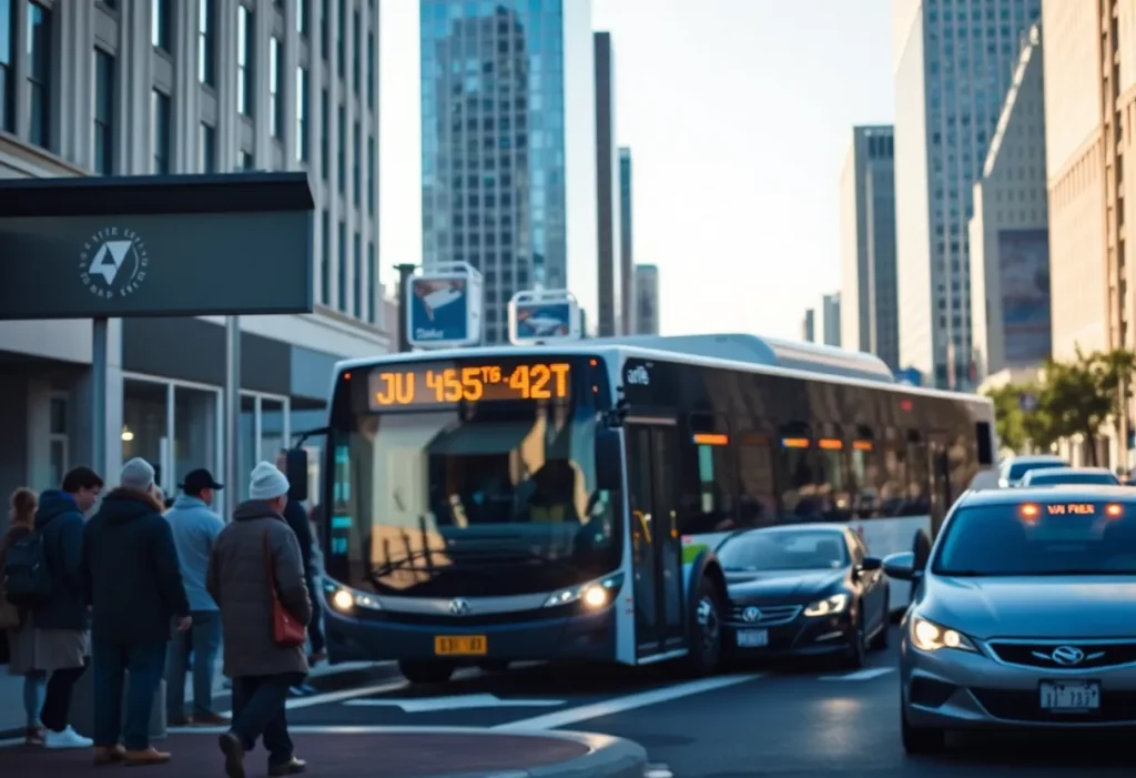 Morning rush hour in Boston with a shuttle bus and pedestrians