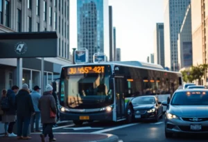 Morning rush hour in Boston with a shuttle bus and pedestrians