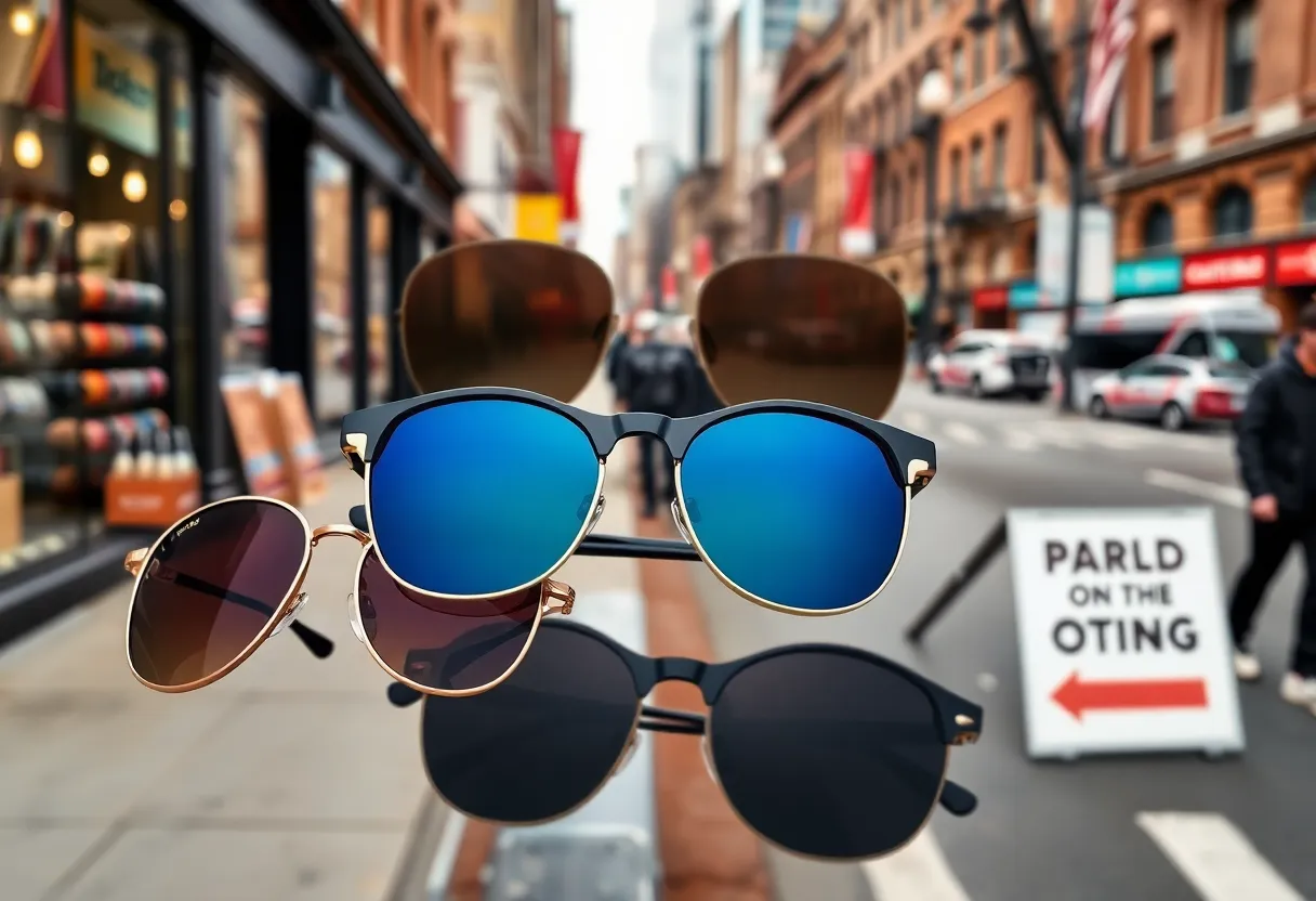 Designer sunglasses in a retail environment with a police alert for theft.