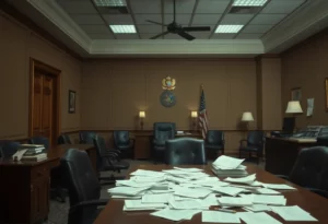 Empty city hall office symbolizing political corruption