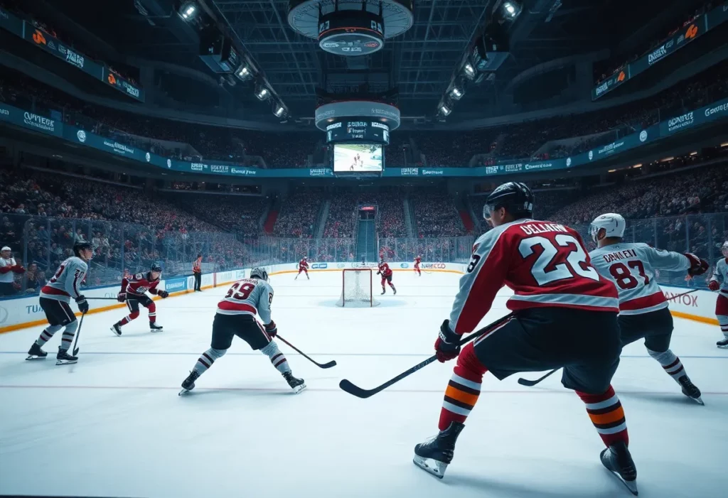 Hockey players from the Bruins and Avalanche competing in a match