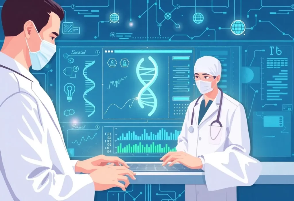 Illustration of AI analyzing genetic data for healthcare.