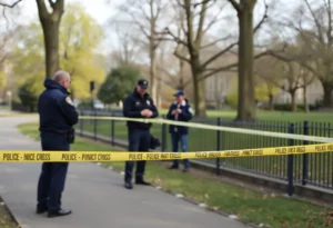 Police officers investigating a crime scene at a park in Cambridge