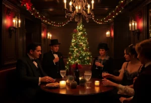 Scene from the Christmas Carol Cocktail Experience with actors and holiday-themed cocktails