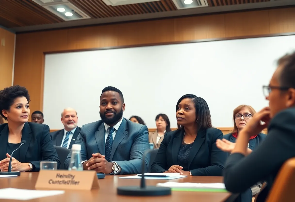 Candidates at a city council meeting discussing community issues