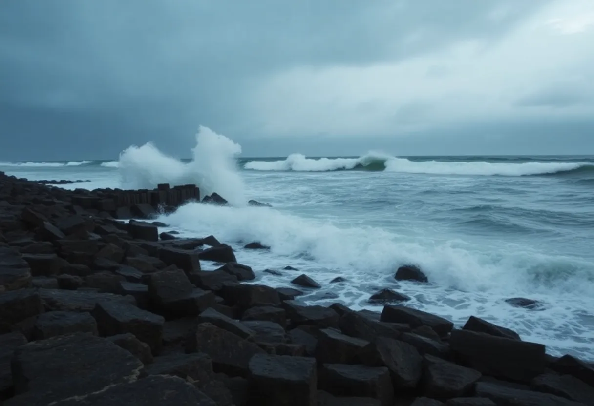 Stormy weather at the Massachusetts coast with crashing waves