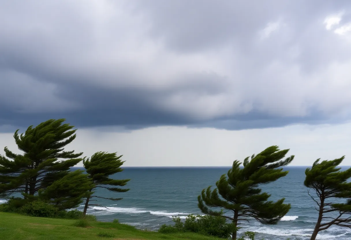 Coastal storm clouds gathering over New England coastline
