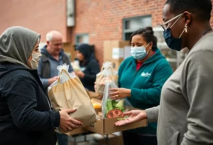 Volunteers at a food bank distributing food assistance to families in Massachusetts