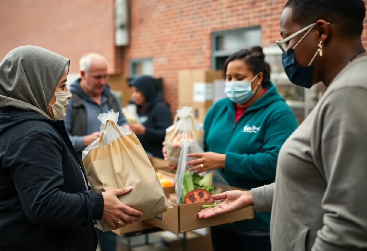 Volunteers at a food bank distributing food assistance to families in Massachusetts