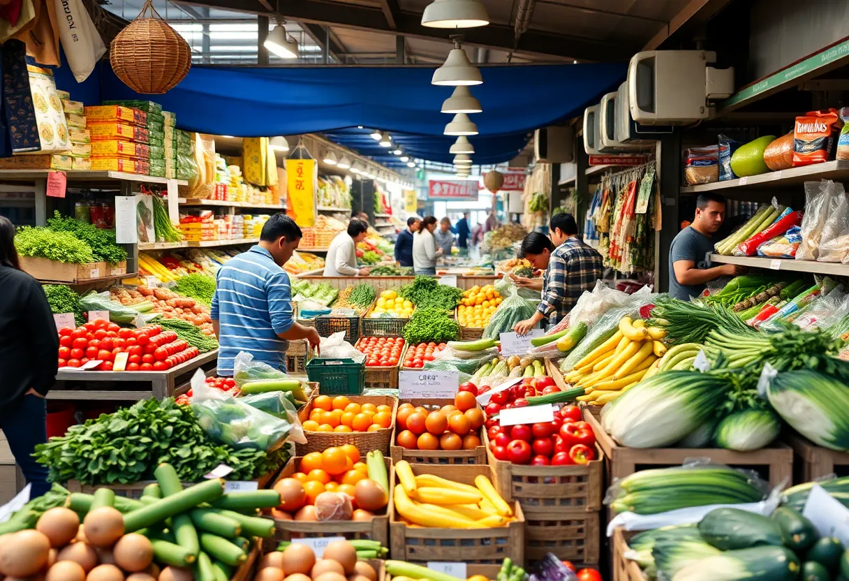 A vibrant community grocery store with diverse shoppers.