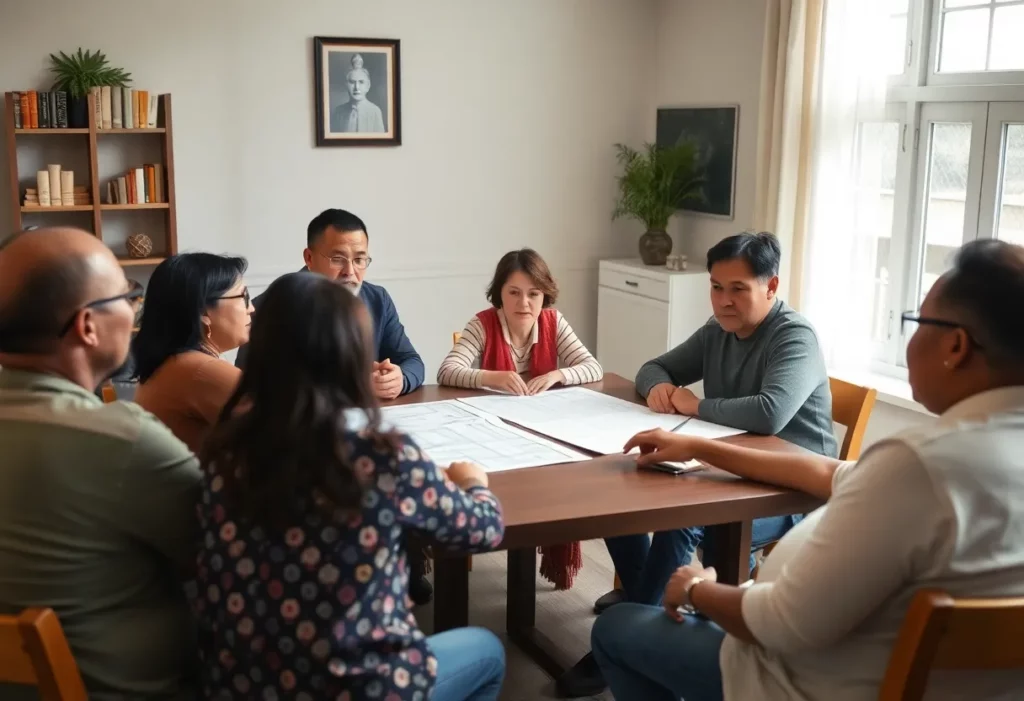 Residents discussing plans for a homeless shelter at a community meeting
