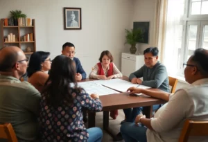Residents discussing plans for a homeless shelter at a community meeting