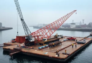 Collapsed crane on barge at Boston Harbor construction site