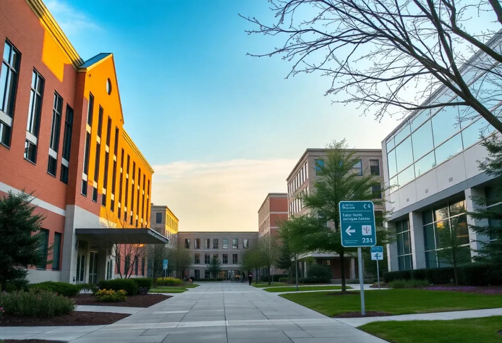 Curry College campus with emergency safety signage