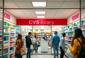 Exterior view of CVS Pharmacy with customers entering
