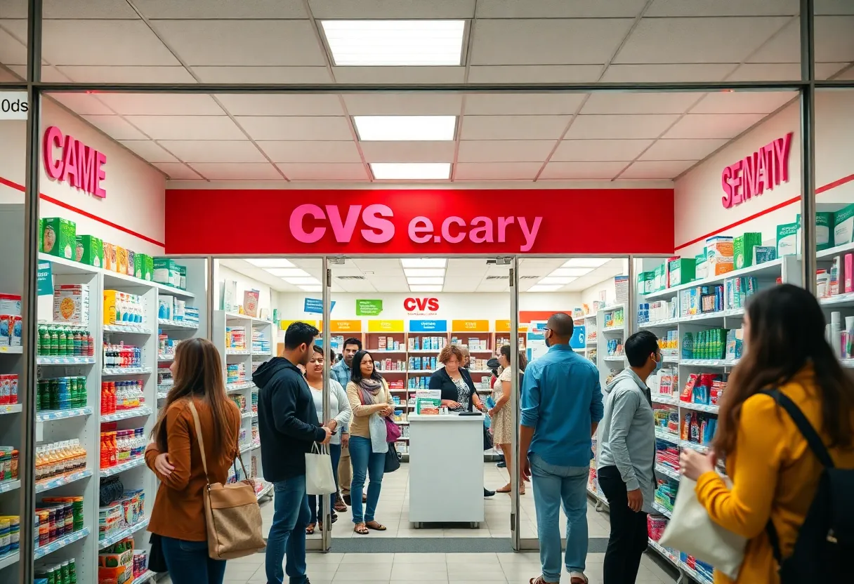 Exterior view of CVS Pharmacy with customers entering