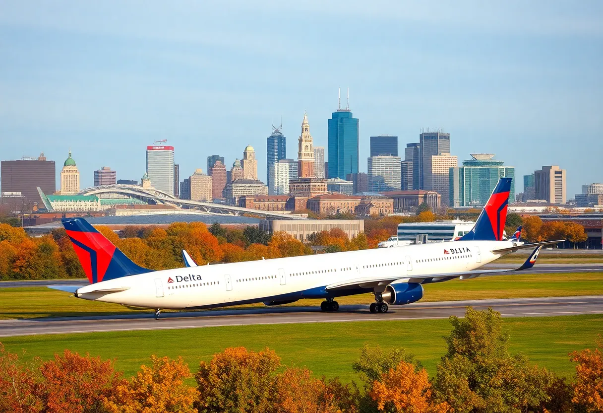 Delta Airlines plane at Boston Logan Airport with the city skyline in the background